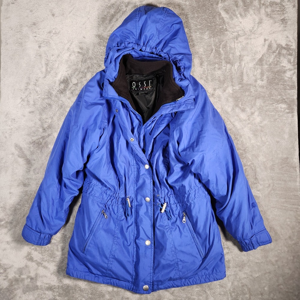 Vintage OSSI SKIWEAR Womens Large Blue Hooded Parka Jacket Winter Warm Insulated